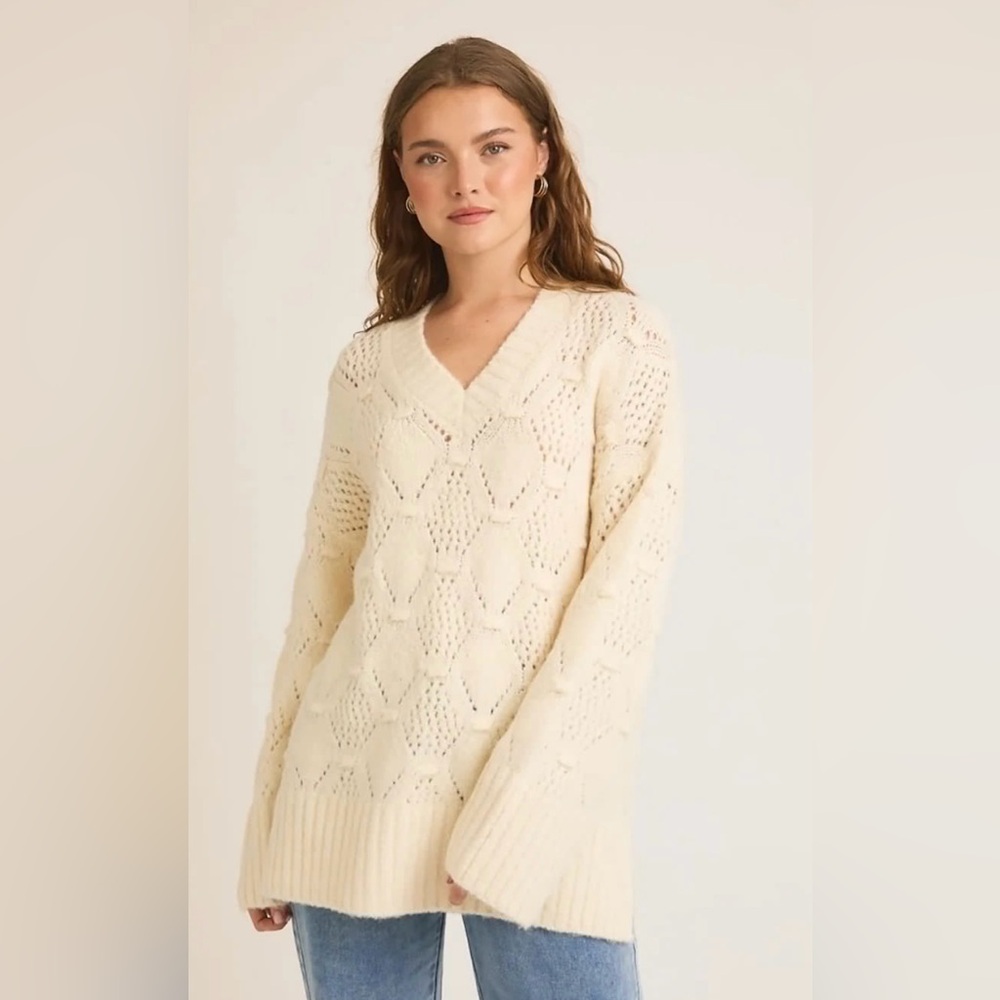 V-Neck Openwork Cable Knit Sweater - Cream